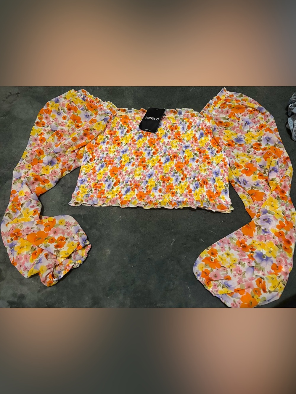 Forever 21 Yellow Orange Floral Smocked Off-Shoulder Crop Top